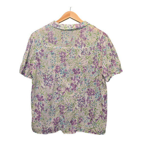 Basic Editions Womens Button Up Shirt 1X Purple Floral Print Pintuck Swiss Dot - Picture 2 of 9